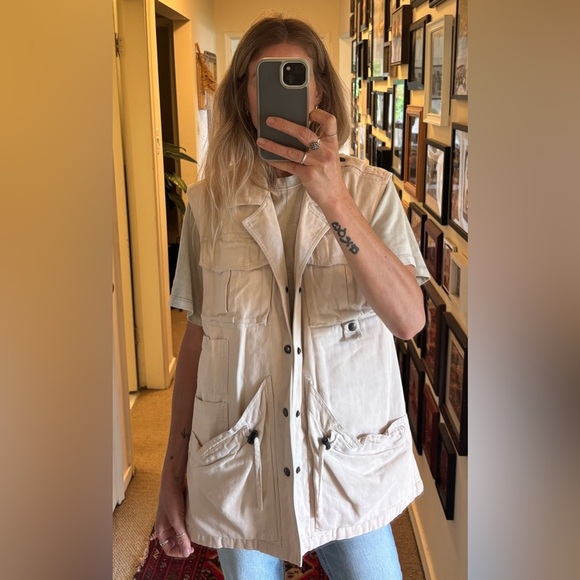 Vintage Beige Utility Cargo Military Combat Multi Pocket Vest Denim 100% Cotton - Picture 8 of 8